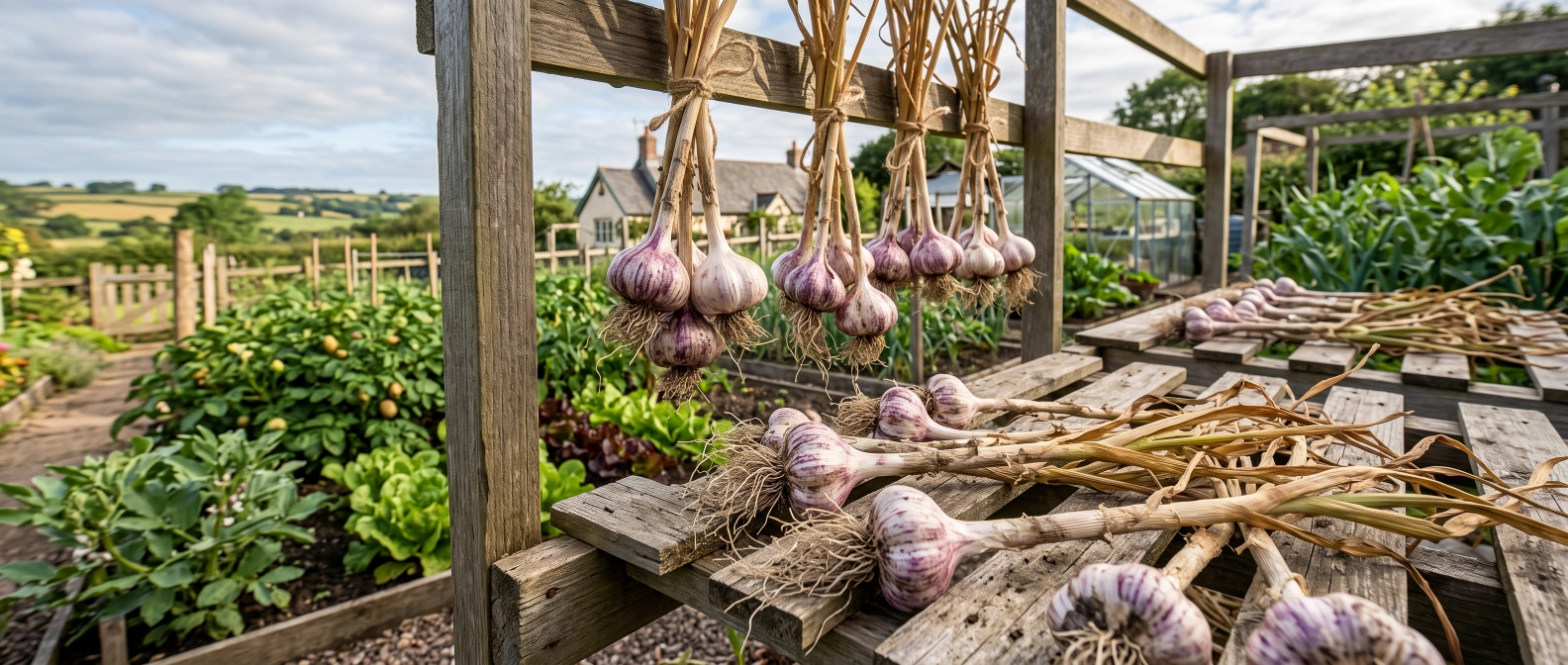 Freshly harvested garlic bulbs drying in bunches in a home vegetable garden