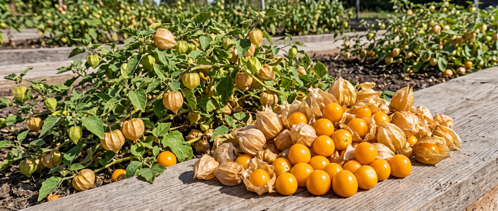 Ripe ground cherries spilling out of their papery husks in a home vegetable garden