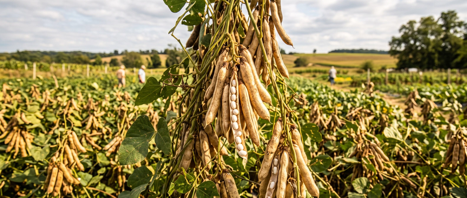White-seeded honey bean pods drying on a bushy plant in a home vegetable garden