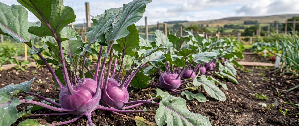 Kohlrabi bulbs with leaves ready for harvest in a home vegetable garden