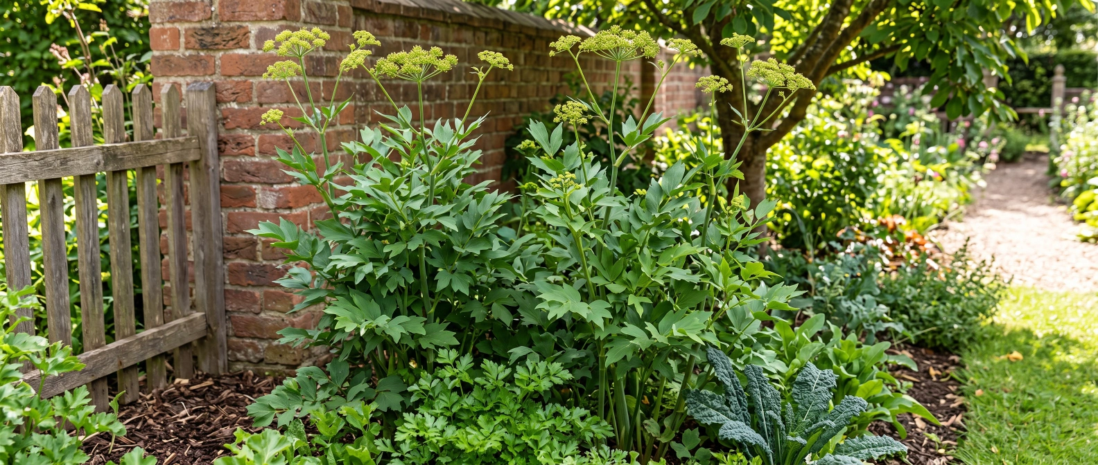Tall lovage plants with dark green celery-like leaves in a home vegetable garden