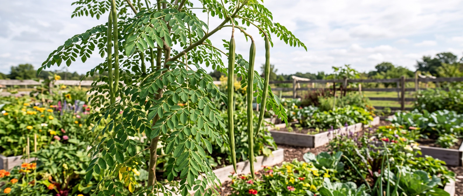 Moringa tree leaves and long slender pods harvested in a home garden