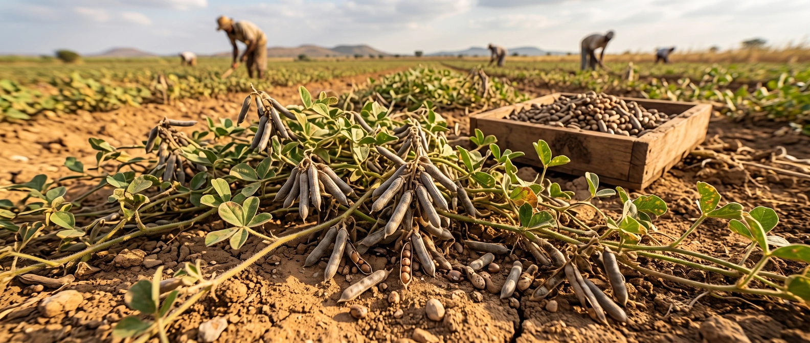 Dried moth bean pods and small beans in a home vegetable garden