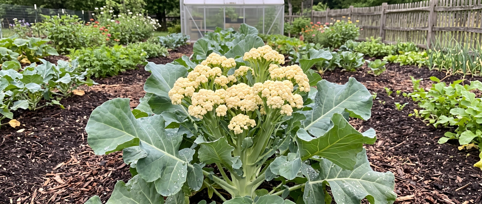 Multiple small creamy-white heads of nine star broccoli ready for harvest