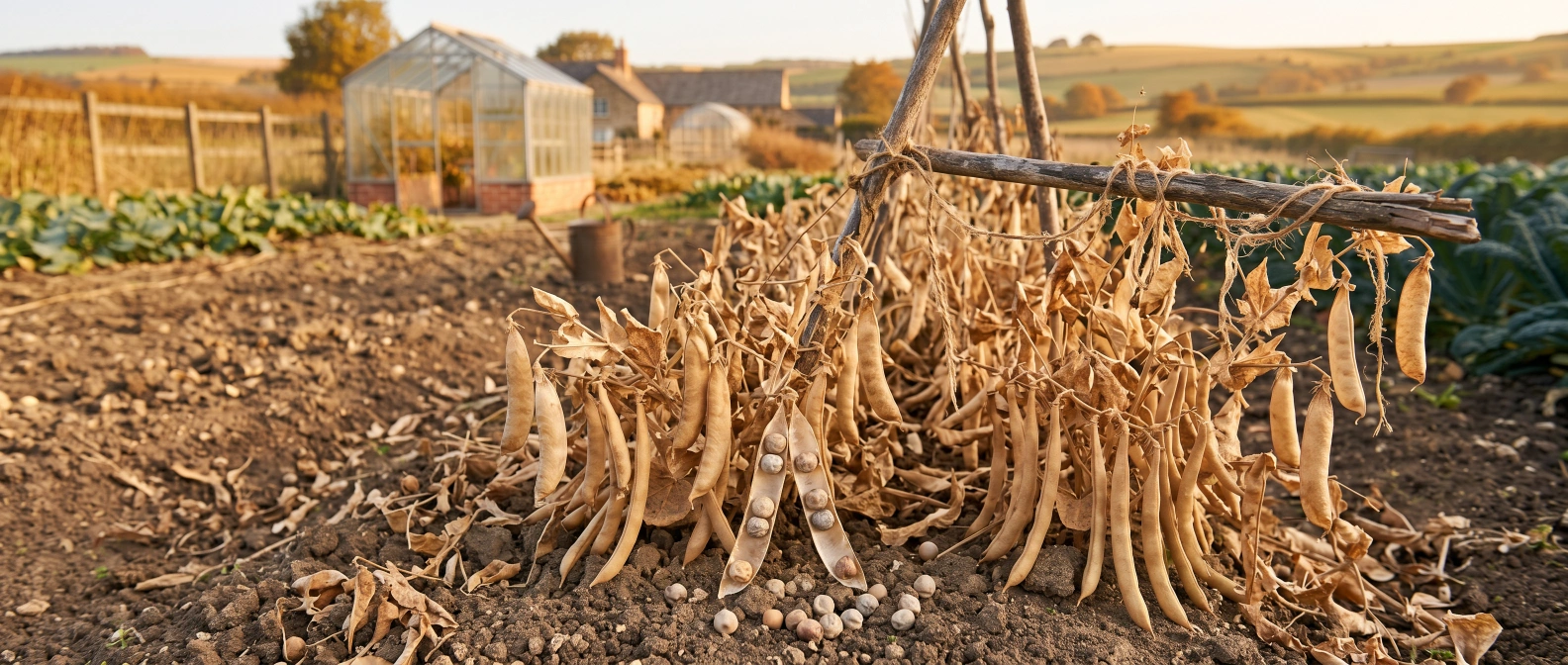 Dried pea pods on the vine with loose dried peas scattered beside them