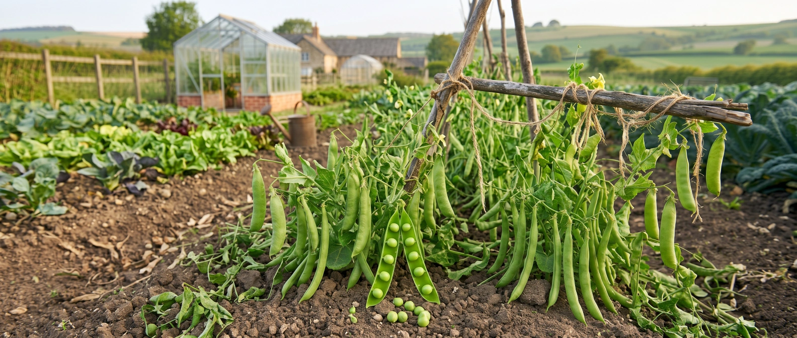 Bright green fresh pea pods on the vine in a home vegetable garden