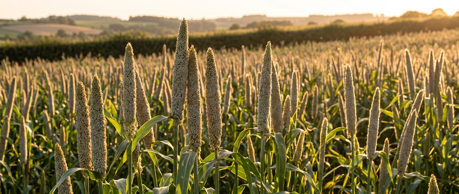 Tall pearl millet plants with their distinctive candle-shaped seed heads ready for harvest