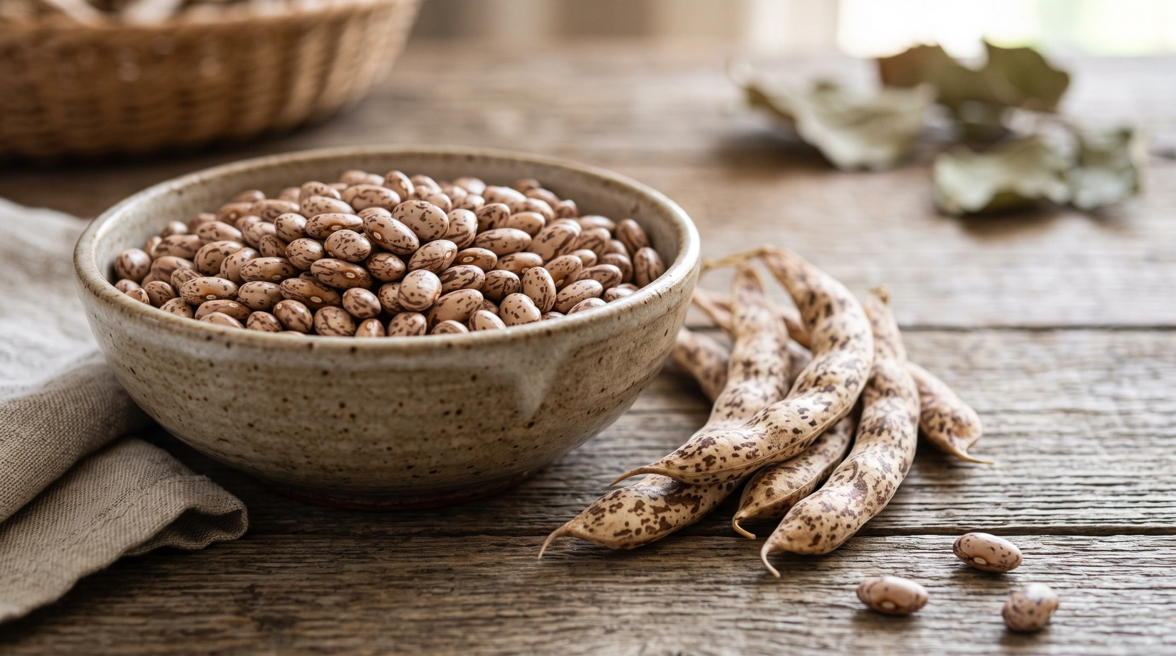 Dried mottled pinto beans in a bowl beside their dried pods in a home vegetable garden