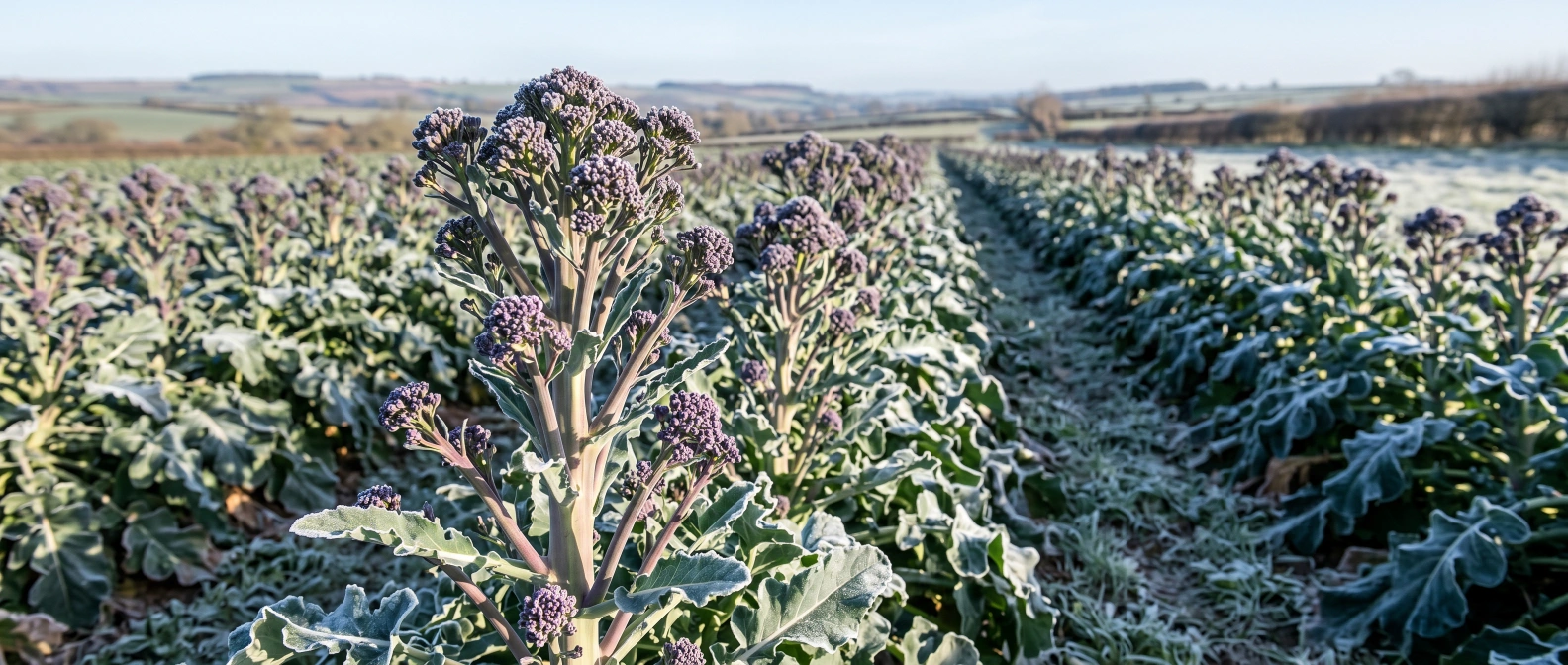 Purple sprouting broccoli spears ready for harvest in a frosty home vegetable garden