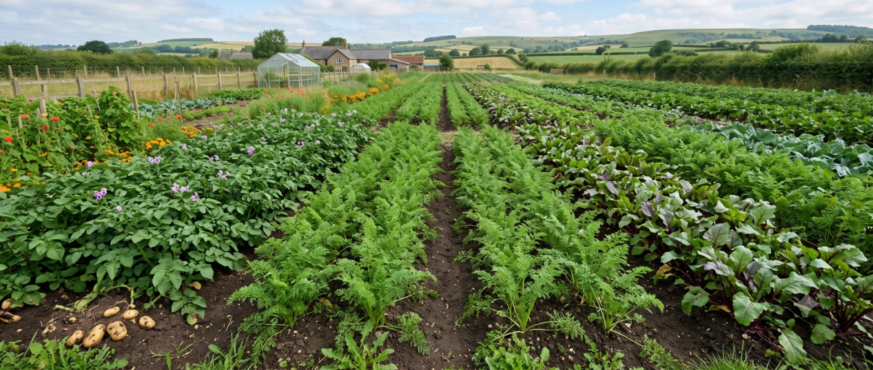 A harvest of mixed root vegetables and tubers -- potatoes, carrots and beetroot -- in a home vegetable garden