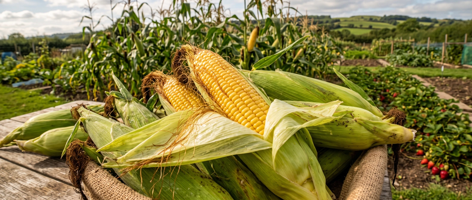 Freshly picked sweet corn cobs with golden kernels and brown silks in a home vegetable garden