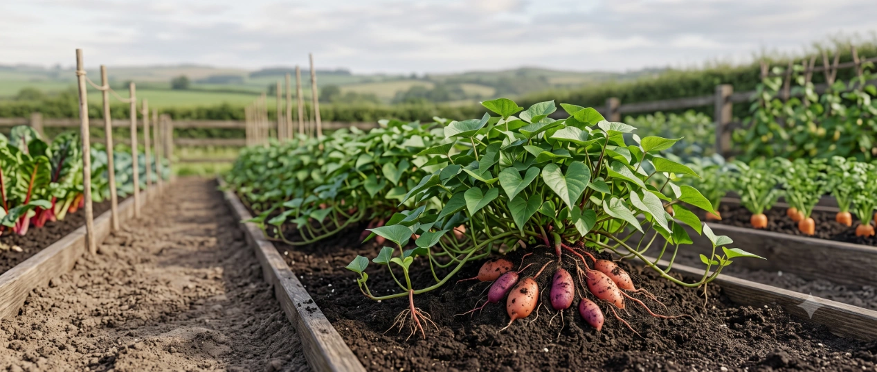 Freshly harvested sweet potatoes with their vines in a home vegetable garden