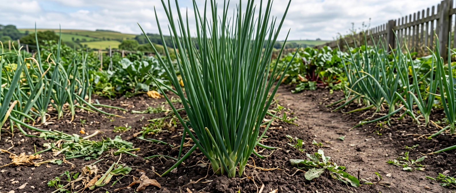 A clump of Welsh onion with slender green leaves growing in a home vegetable garden